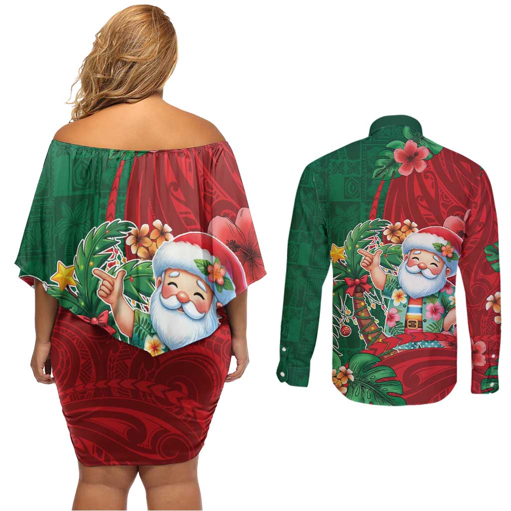 Hawaii Christmas Couples Matching Off Shoulder Short Dress and Long Sleeve Button Shirt Mele Kalikimaka Funny Hawaiian Santa - Polynesian Pride