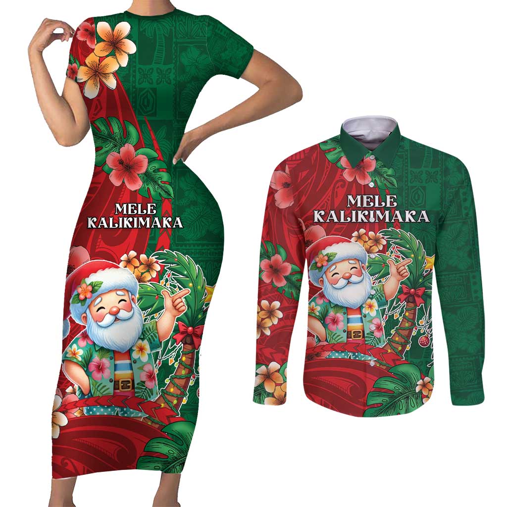 Hawaii Christmas Couples Matching Short Sleeve Bodycon Dress and Long Sleeve Button Shirt Mele Kalikimaka Funny Hawaiian Santa - Polynesian Pride