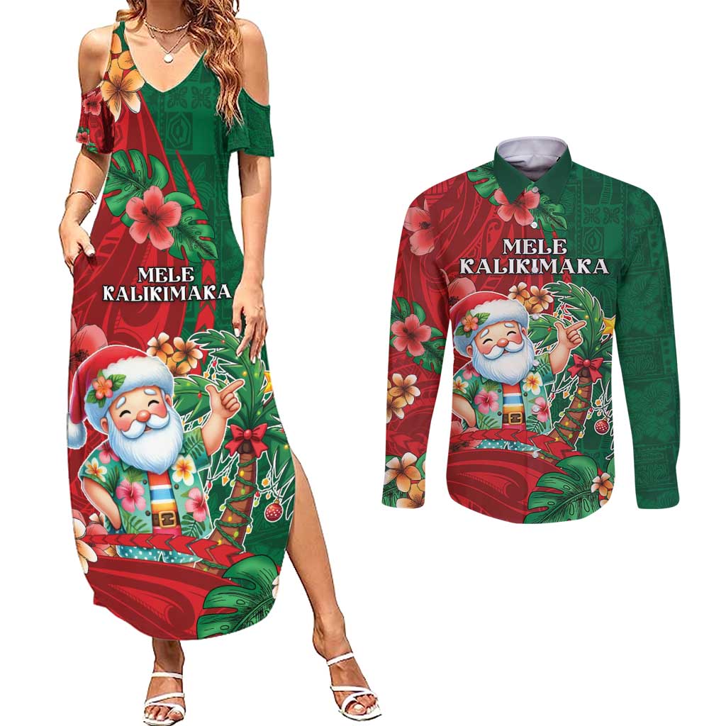 Hawaii Christmas Couples Matching Summer Maxi Dress and Long Sleeve Button Shirt Mele Kalikimaka Funny Hawaiian Santa - Polynesian Pride