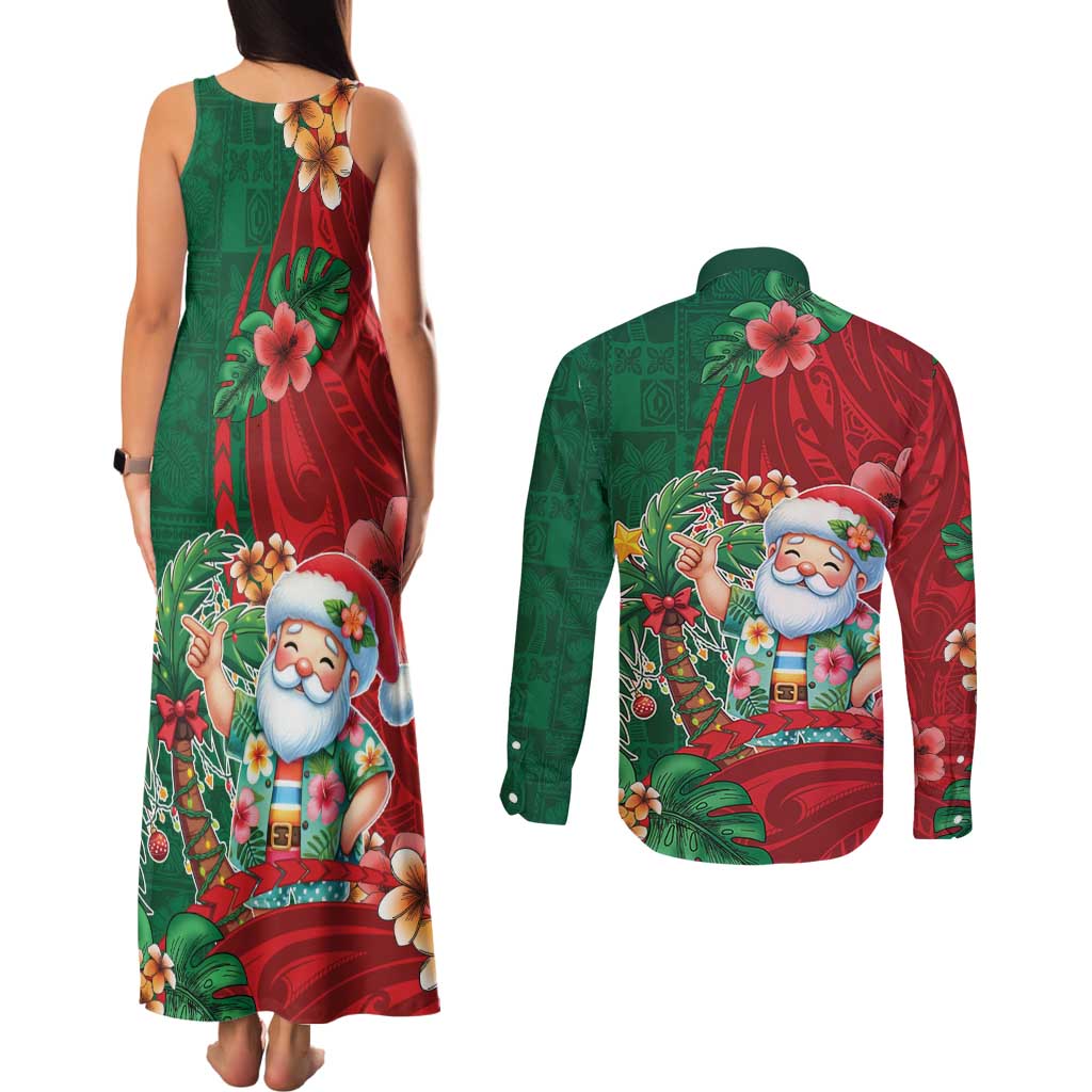 Hawaii Christmas Couples Matching Tank Maxi Dress and Long Sleeve Button Shirt Mele Kalikimaka Funny Hawaiian Santa - Polynesian Pride
