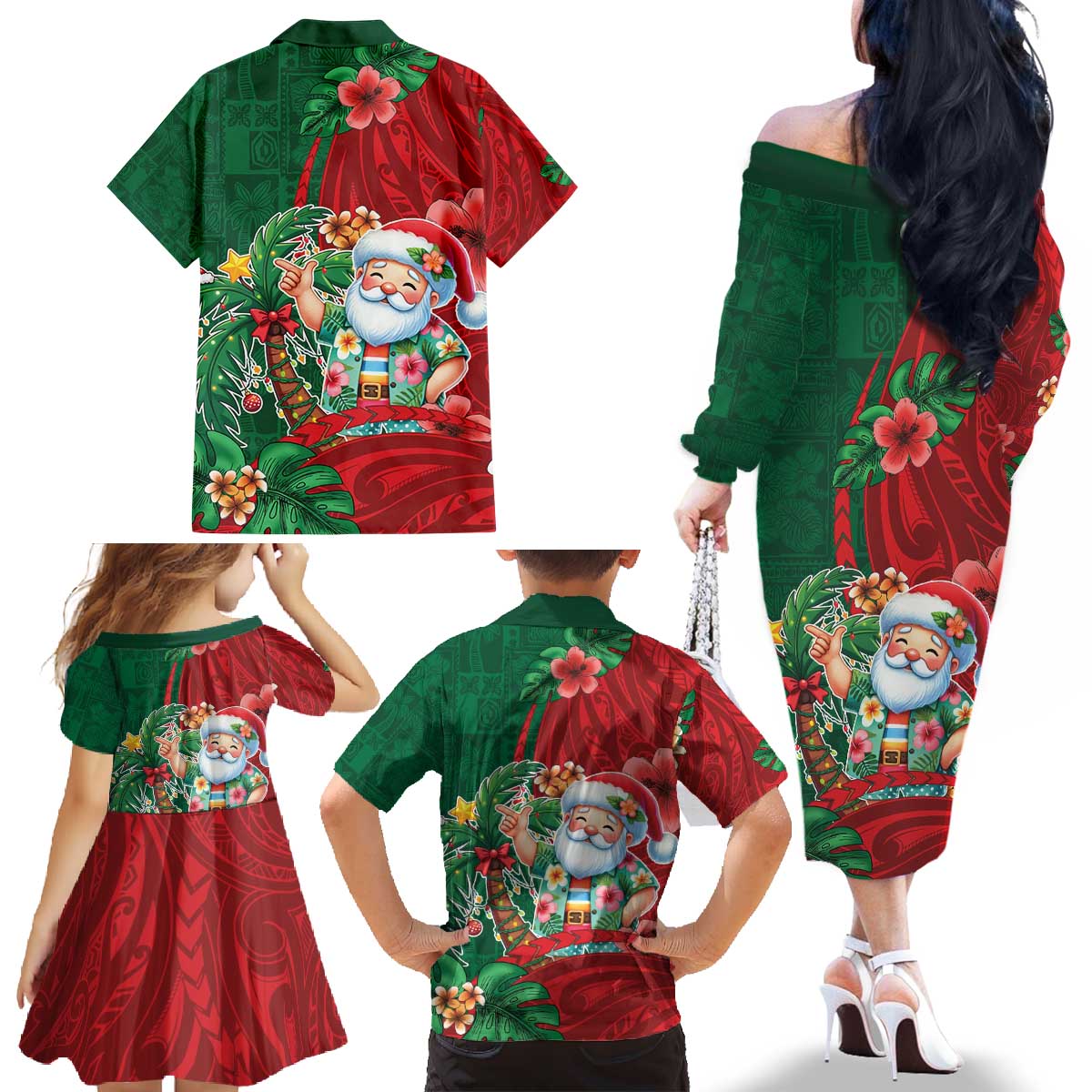 Hawaii Christmas Family Matching Off The Shoulder Long Sleeve Dress and Hawaiian Shirt Mele Kalikimaka Funny Hawaiian Santa - Polynesian Pride