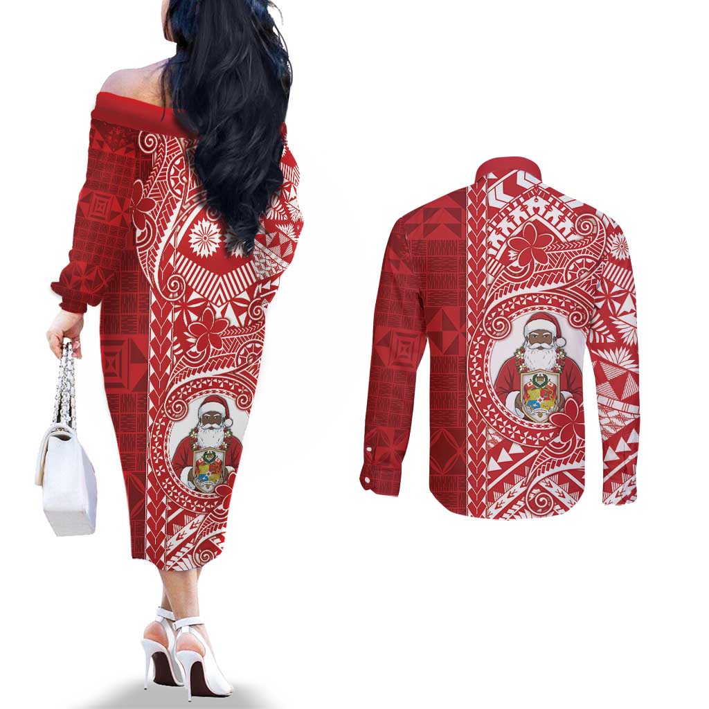 Tonga Christmas Couples Matching Off The Shoulder Long Sleeve Dress and Long Sleeve Button Shirt Kilisimasi Fiefia - Polynesian Pride