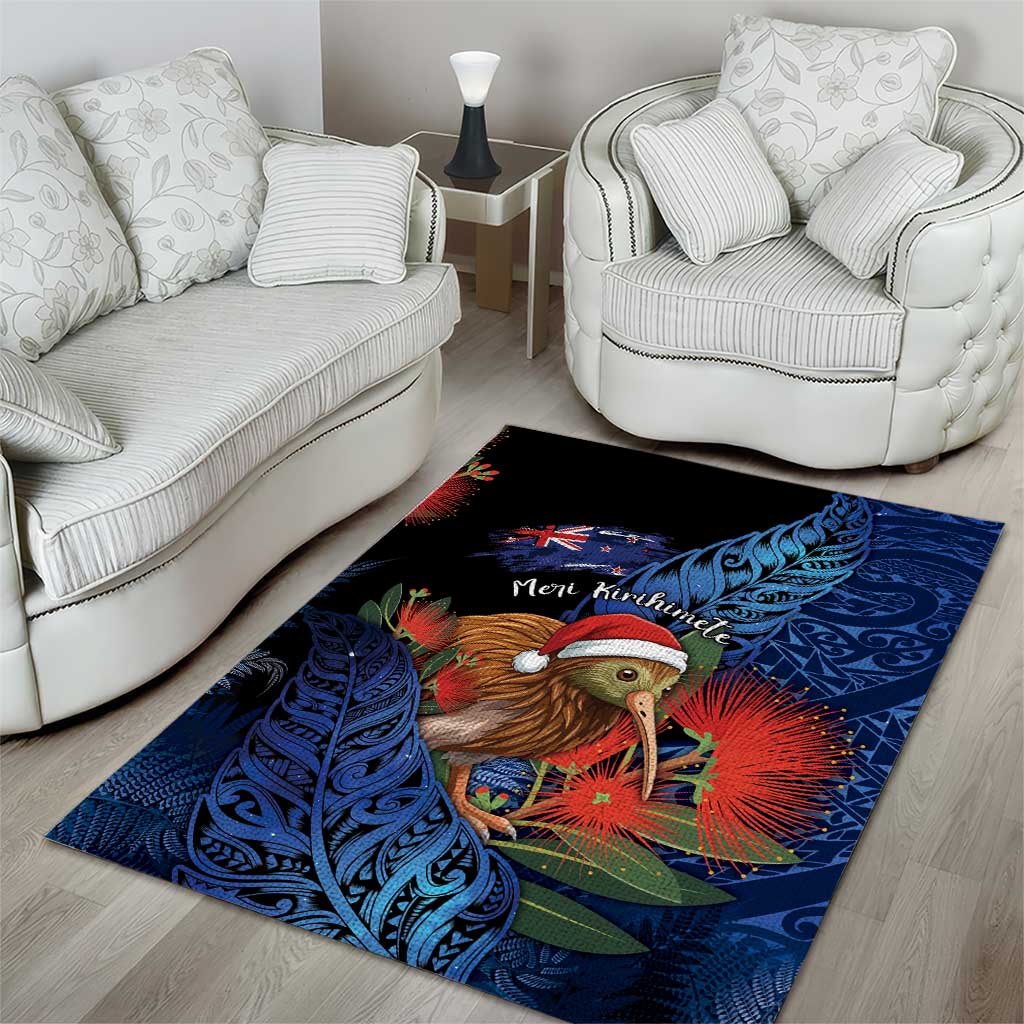 New Zealand Christmas Area Rug Santa Kiwi Bird With Pohutukawa Flowers - Polynesian Pride