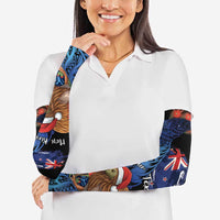 Personalised New Zealand Christmas Arm Sleeves Santa Kiwi Bird With Pohutukawa Flowers - Polynesian Pride