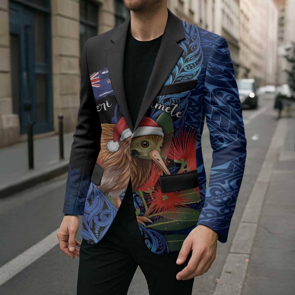 Personalised New Zealand Christmas Blazer Santa Kiwi Bird With Pohutukawa Flowers - Polynesian Pride