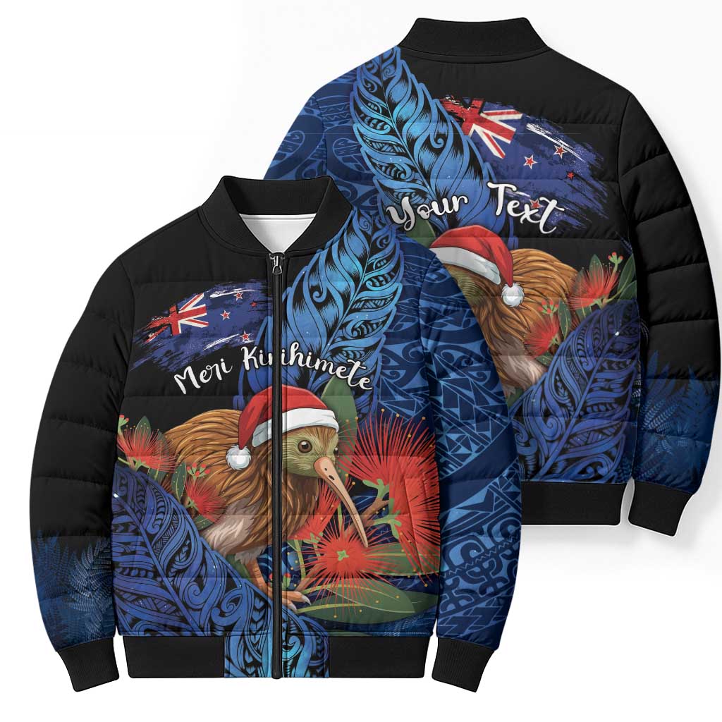Personalised New Zealand Christmas Bomber Puffer Jacket Santa Kiwi Bird With Pohutukawa Flowers - Polynesian Pride