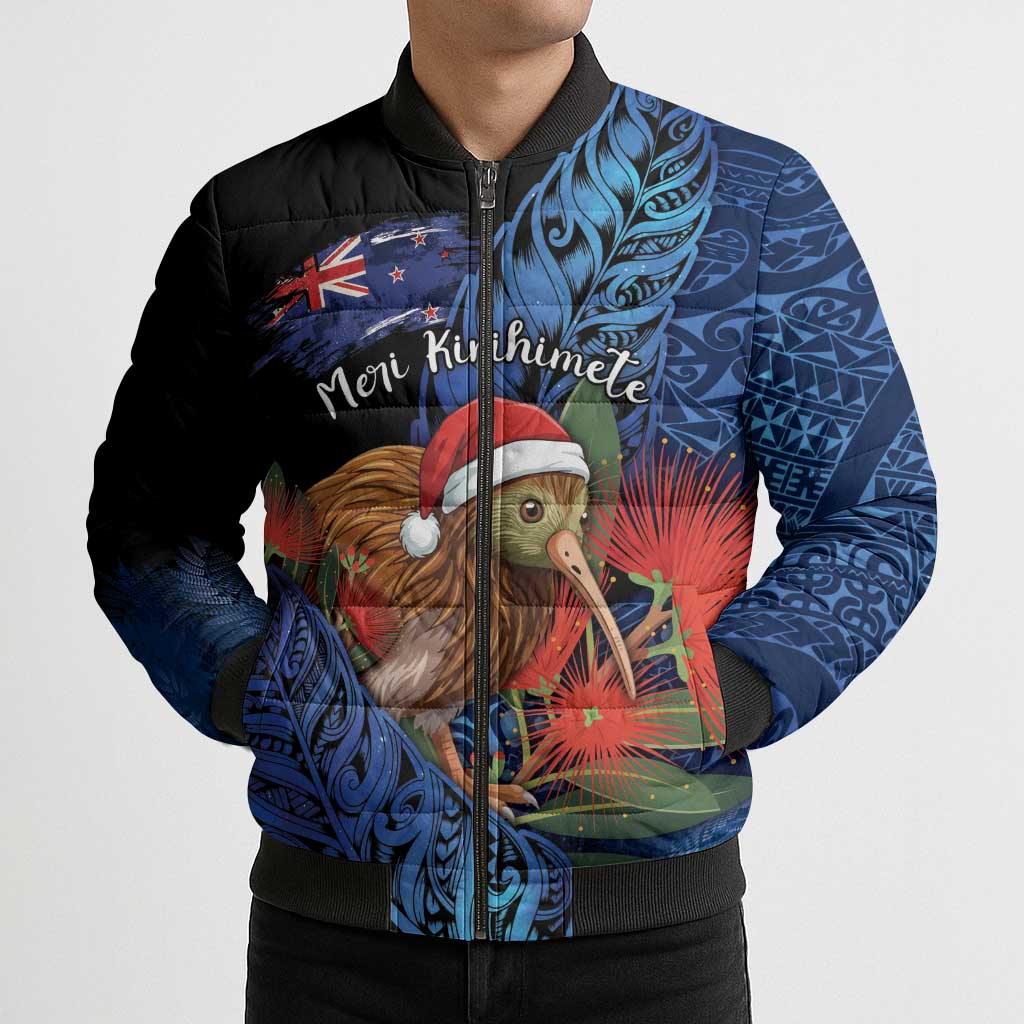 Personalised New Zealand Christmas Bomber Puffer Jacket Santa Kiwi Bird With Pohutukawa Flowers - Polynesian Pride