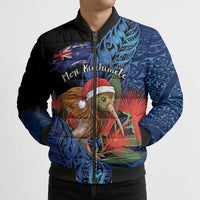 Personalised New Zealand Christmas Bomber Puffer Jacket Santa Kiwi Bird With Pohutukawa Flowers - Polynesian Pride