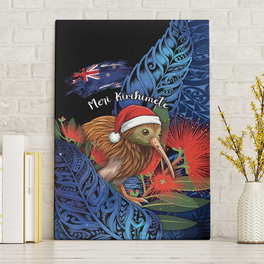 New Zealand Christmas Canvas Wall Art Santa Kiwi Bird With Pohutukawa Flowers - Polynesian Pride