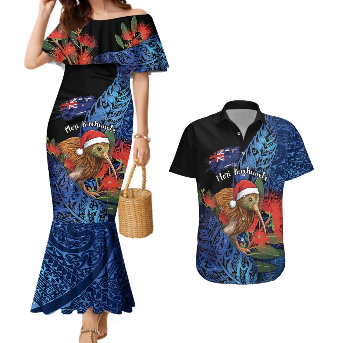 Personalised New Zealand Christmas Couples Matching Mermaid Dress and Hawaiian Shirt Santa Kiwi Bird With Pohutukawa Flowers - Polynesian Pride
