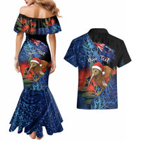 Personalised New Zealand Christmas Couples Matching Mermaid Dress and Hawaiian Shirt Santa Kiwi Bird With Pohutukawa Flowers - Polynesian Pride