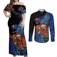 Personalised New Zealand Christmas Couples Matching Off Shoulder Maxi Dress and Long Sleeve Button Shirt Santa Kiwi Bird With Pohutukawa Flowers - Polynesian Pride