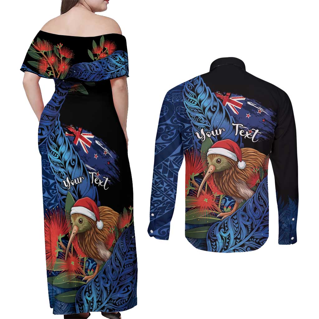 Personalised New Zealand Christmas Couples Matching Off Shoulder Maxi Dress and Long Sleeve Button Shirt Santa Kiwi Bird With Pohutukawa Flowers - Polynesian Pride