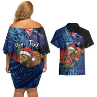 Personalised New Zealand Christmas Couples Matching Off Shoulder Short Dress and Hawaiian Shirt Santa Kiwi Bird With Pohutukawa Flowers - Polynesian Pride