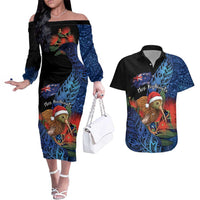 Personalised New Zealand Christmas Couples Matching Off The Shoulder Long Sleeve Dress and Hawaiian Shirt Santa Kiwi Bird With Pohutukawa Flowers - Polynesian Pride