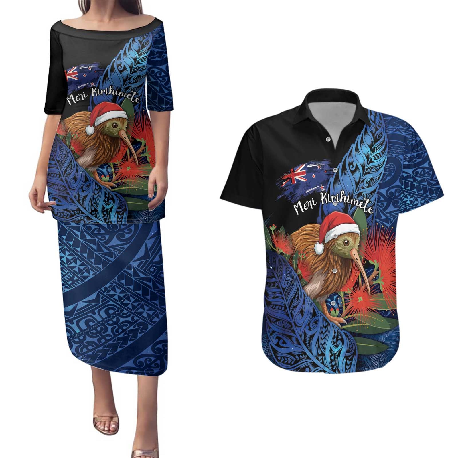 Personalised New Zealand Christmas Couples Matching Puletasi and Hawaiian Shirt Santa Kiwi Bird With Pohutukawa Flowers - Polynesian Pride