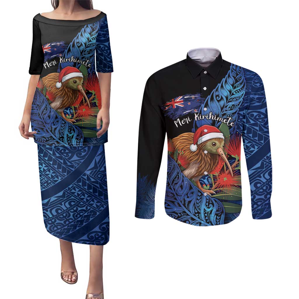 Personalised New Zealand Christmas Couples Matching Puletasi and Long Sleeve Button Shirt Santa Kiwi Bird With Pohutukawa Flowers - Polynesian Pride