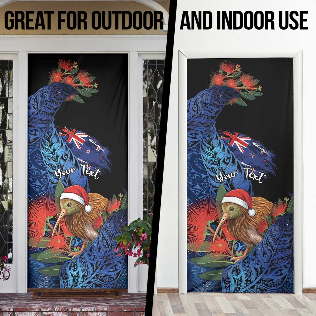 Personalised New Zealand Christmas Door Cover Santa Kiwi Bird With Pohutukawa Flowers - Polynesian Pride
