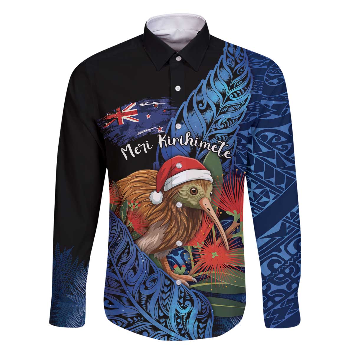 Personalised New Zealand Christmas Family Matching Off The Shoulder Long Sleeve Dress and Hawaiian Shirt Santa Kiwi Bird With Pohutukawa Flowers - Polynesian Pride