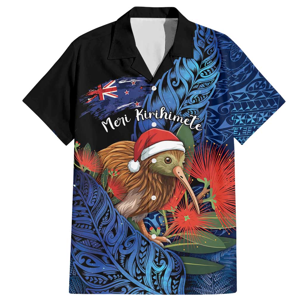 Personalised New Zealand Christmas Hawaiian Shirt Santa Kiwi Bird With Pohutukawa Flowers - Polynesian Pride
