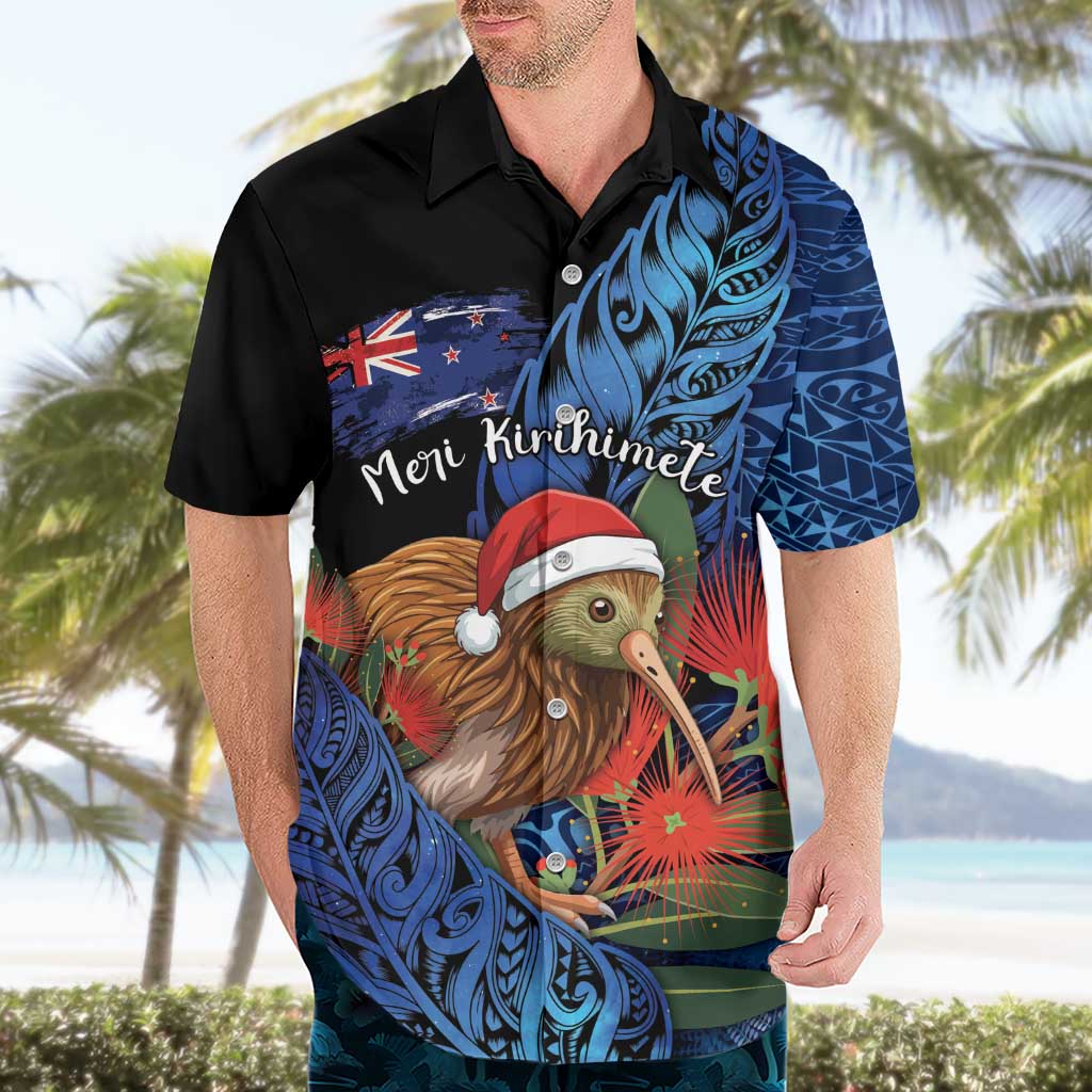 Personalised New Zealand Christmas Hawaiian Shirt Santa Kiwi Bird With Pohutukawa Flowers - Polynesian Pride