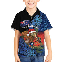 Personalised New Zealand Christmas Kid Hawaiian Shirt Santa Kiwi Bird With Pohutukawa Flowers - Polynesian Pride