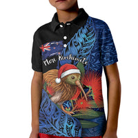 Personalised New Zealand Christmas Kid Polo Shirt Santa Kiwi Bird With Pohutukawa Flowers - Polynesian Pride