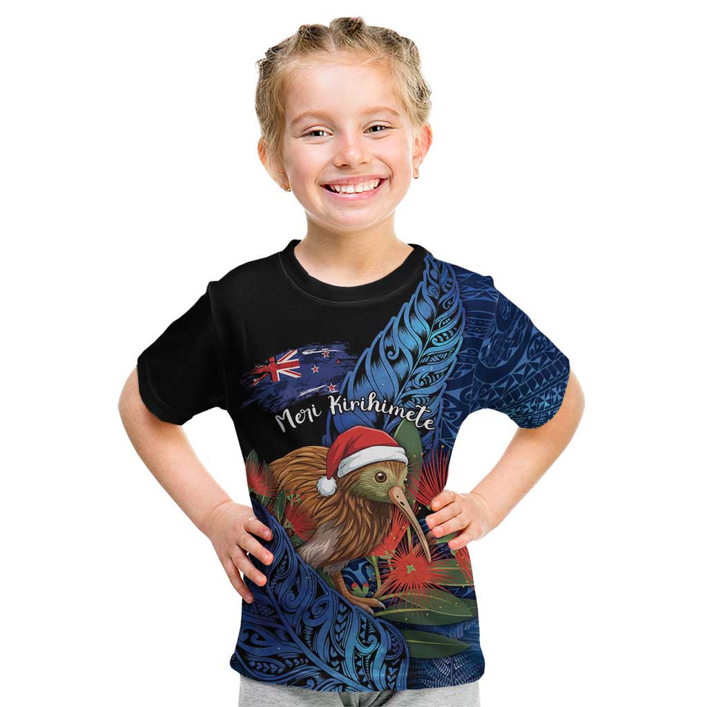 Personalised New Zealand Christmas Kid T Shirt Santa Kiwi Bird With Pohutukawa Flowers - Polynesian Pride