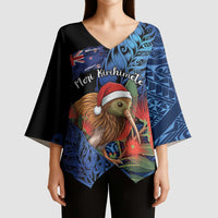 Personalised New Zealand Christmas Kimono Sleeve Blouse Santa Kiwi Bird With Pohutukawa Flowers - Polynesian Pride