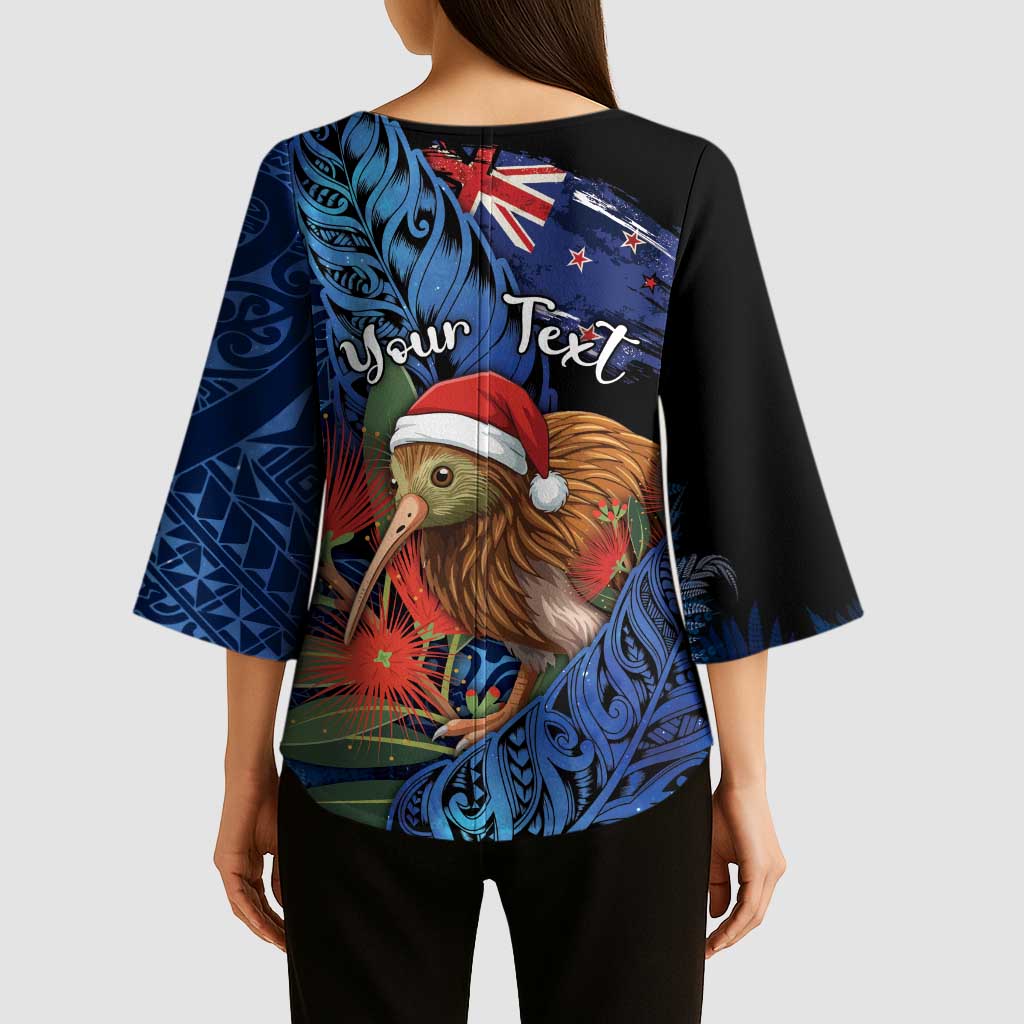 Personalised New Zealand Christmas Kimono Sleeve Blouse Santa Kiwi Bird With Pohutukawa Flowers - Polynesian Pride