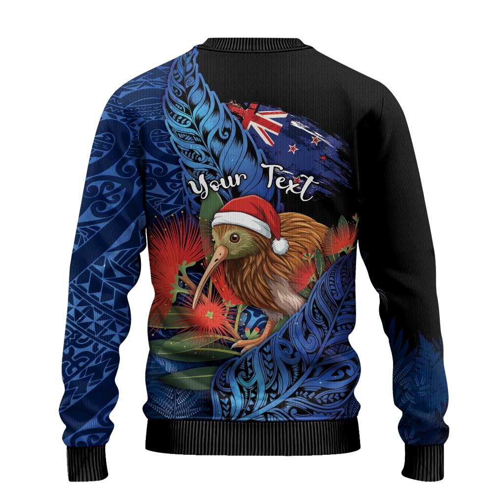 Personalised New Zealand Christmas Ugly Christmas Sweater Santa Kiwi Bird With Pohutukawa Flowers - Polynesian Pride
