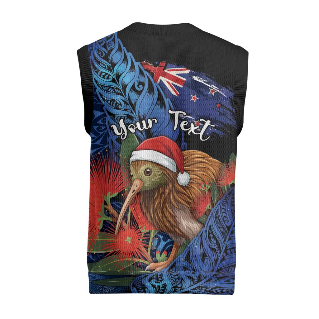Personalised New Zealand Christmas Knitted V-Neck Vest Santa Kiwi Bird With Pohutukawa Flowers - Polynesian Pride