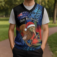 Personalised New Zealand Christmas Knitted V-Neck Vest Santa Kiwi Bird With Pohutukawa Flowers - Polynesian Pride
