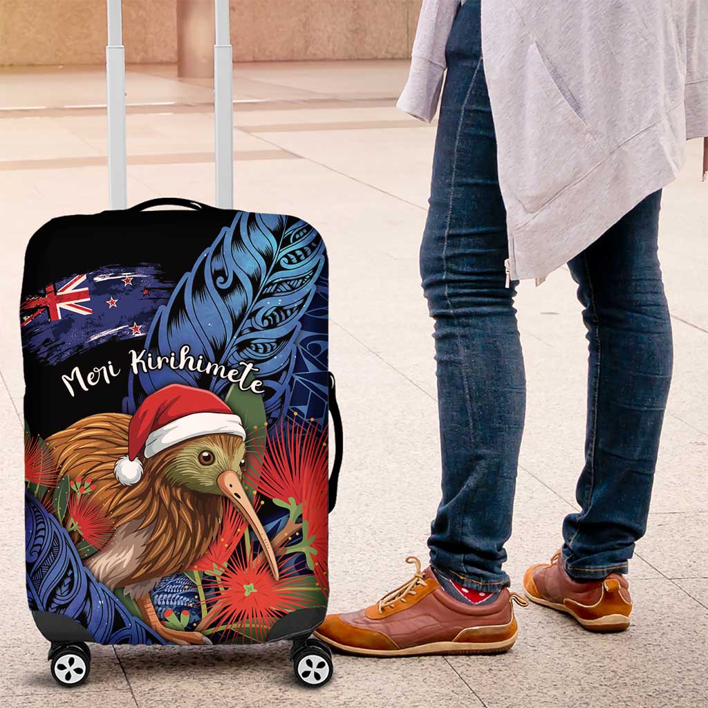 New Zealand Christmas Luggage Cover Santa Kiwi Bird With Pohutukawa Flowers - Polynesian Pride