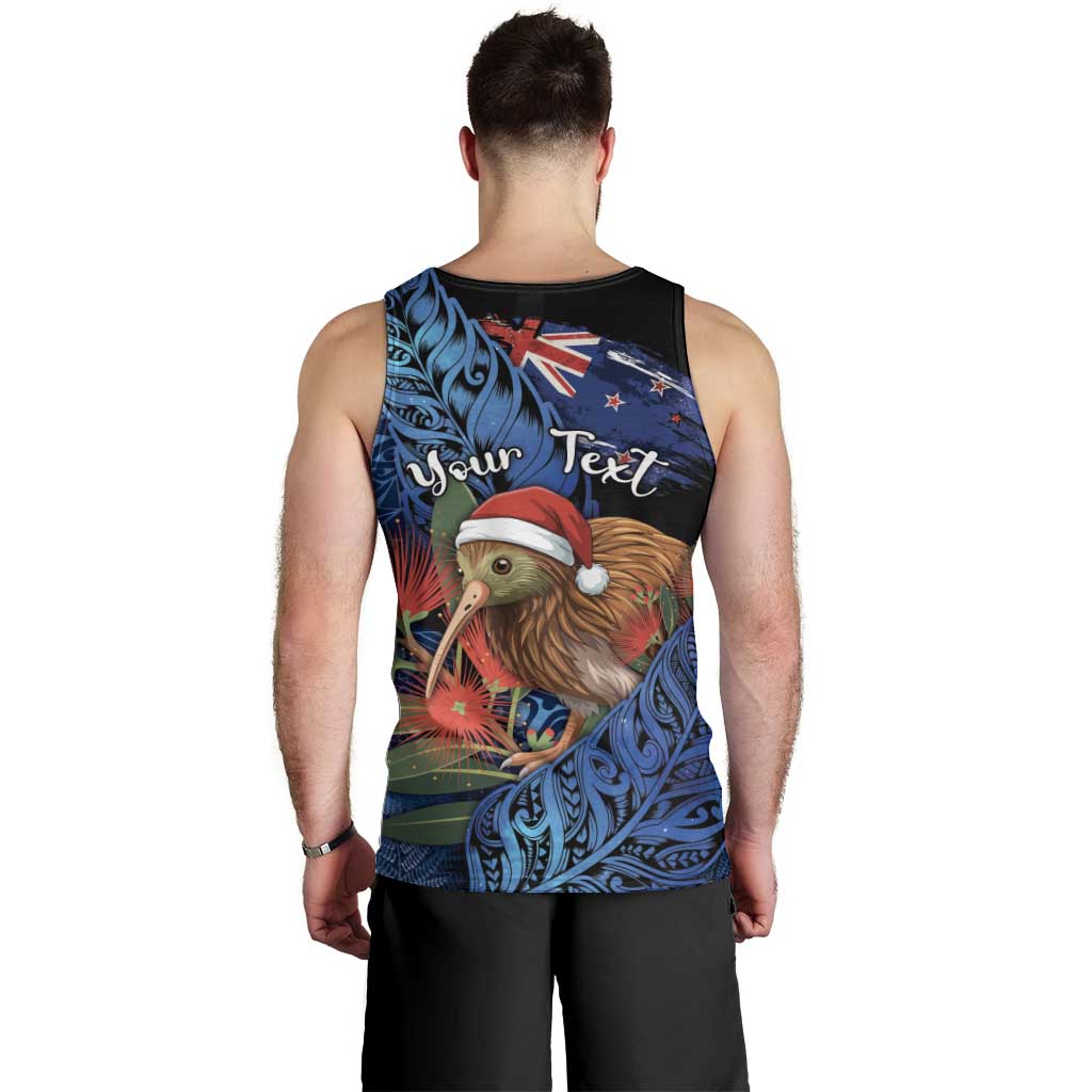 Personalised New Zealand Christmas Men Tank Top Santa Kiwi Bird With Pohutukawa Flowers - Polynesian Pride