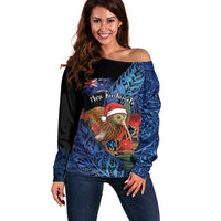 Personalised New Zealand Christmas Off Shoulder Sweater Santa Kiwi Bird With Pohutukawa Flowers - Polynesian Pride
