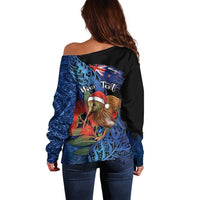 Personalised New Zealand Christmas Off Shoulder Sweater Santa Kiwi Bird With Pohutukawa Flowers - Polynesian Pride