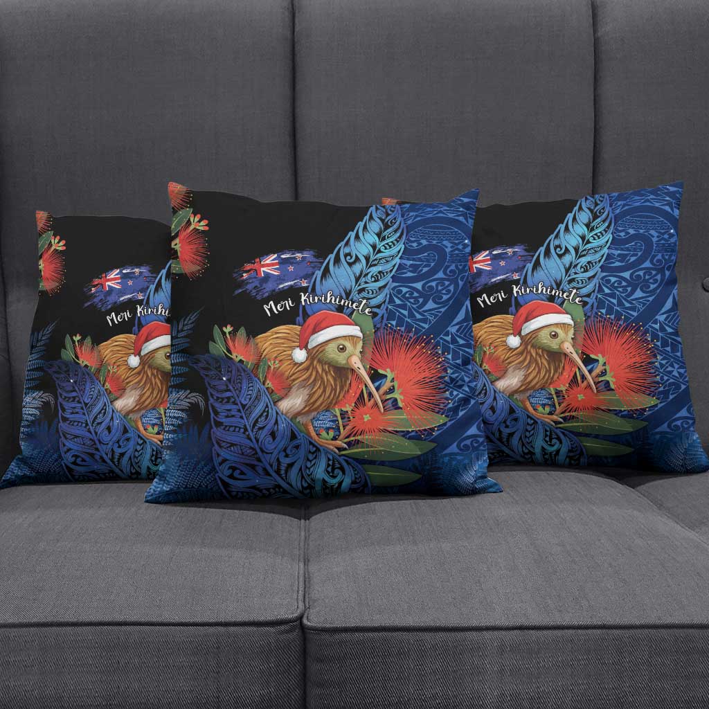 New Zealand Christmas Pillow Cover Santa Kiwi Bird With Pohutukawa Flowers - Polynesian Pride