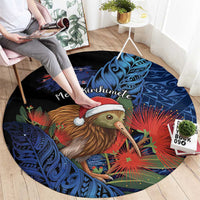 New Zealand Christmas Round Carpet Santa Kiwi Bird With Pohutukawa Flowers - Polynesian Pride