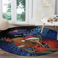 New Zealand Christmas Round Carpet Santa Kiwi Bird With Pohutukawa Flowers - Polynesian Pride