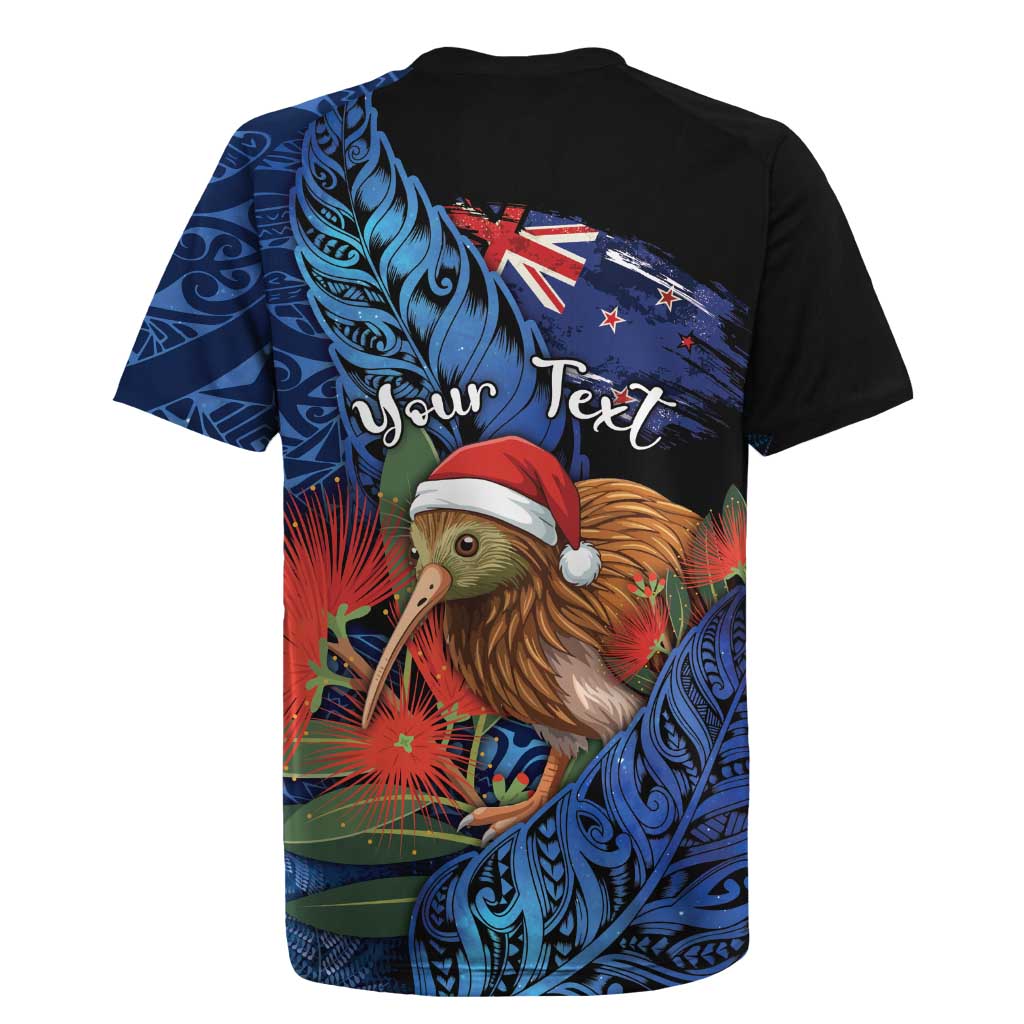 Personalised New Zealand Christmas Rugby Jersey Santa Kiwi Bird With Pohutukawa Flowers - Polynesian Pride