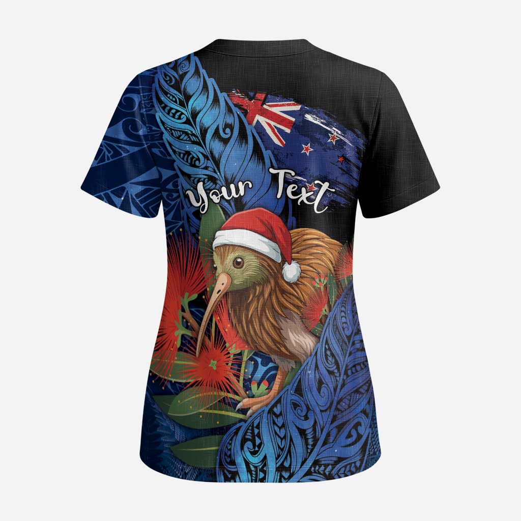 Personalised New Zealand Christmas Scrub Top Santa Kiwi Bird With Pohutukawa Flowers - Polynesian Pride