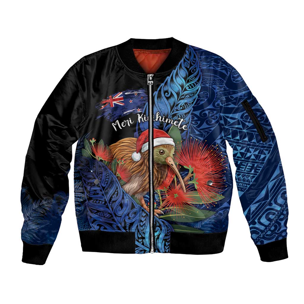Personalised New Zealand Christmas Sleeve Zip Bomber Jacket Santa Kiwi Bird With Pohutukawa Flowers - Polynesian Pride