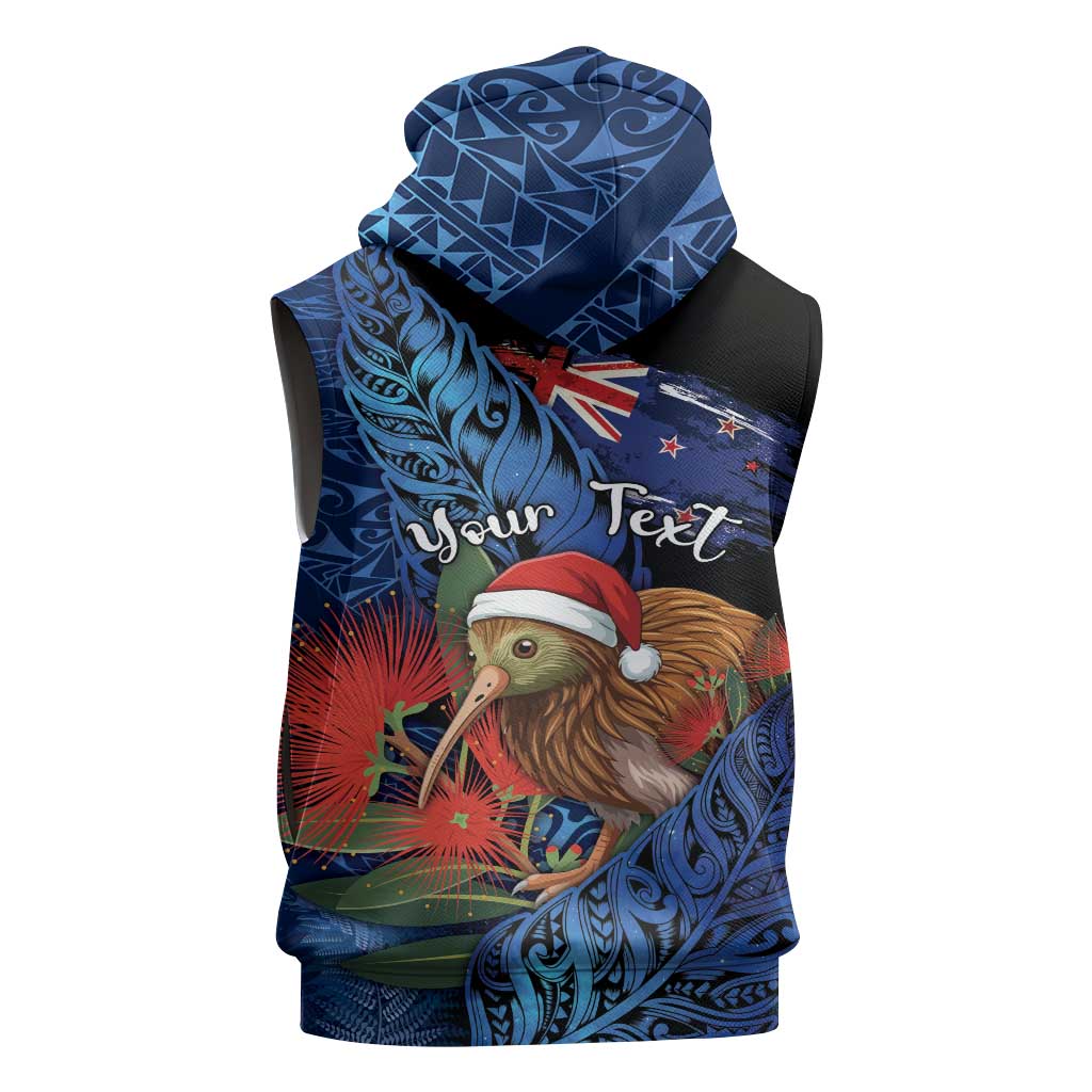 Personalised New Zealand Christmas Sleeveless Hoodie Santa Kiwi Bird With Pohutukawa Flowers - Polynesian Pride