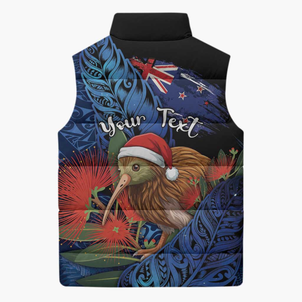 Personalised New Zealand Christmas Sleeveless Puffer Jacket Santa Kiwi Bird With Pohutukawa Flowers - Polynesian Pride