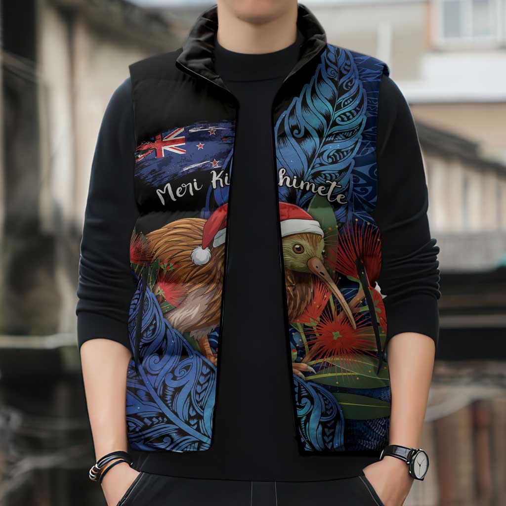 Personalised New Zealand Christmas Sleeveless Puffer Jacket Santa Kiwi Bird With Pohutukawa Flowers - Polynesian Pride