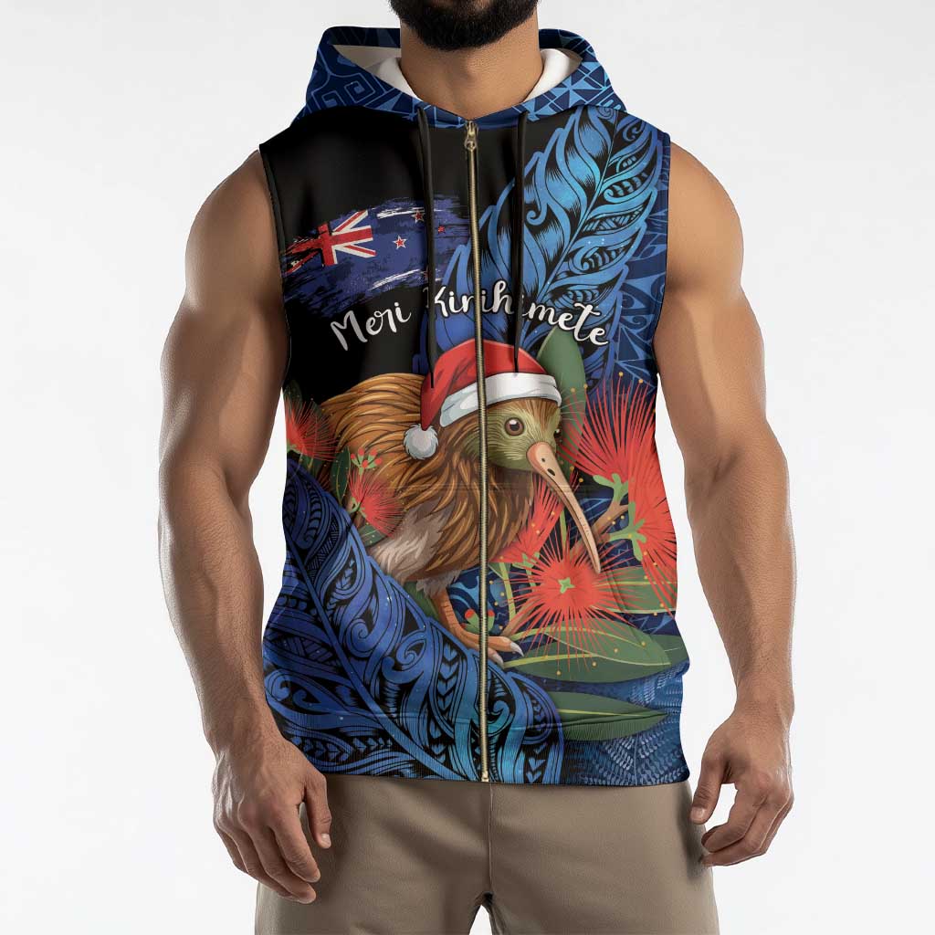 Personalised New Zealand Christmas Sleeveless Zip Hoodie Santa Kiwi Bird With Pohutukawa Flowers - Polynesian Pride