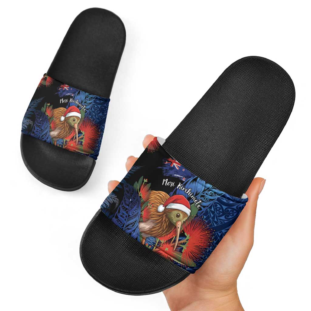 New Zealand Christmas Slide Sandals Santa Kiwi Bird With Pohutukawa Flowers - Polynesian Pride