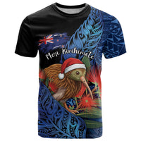 Personalised New Zealand Christmas T Shirt Santa Kiwi Bird With Pohutukawa Flowers - Polynesian Pride