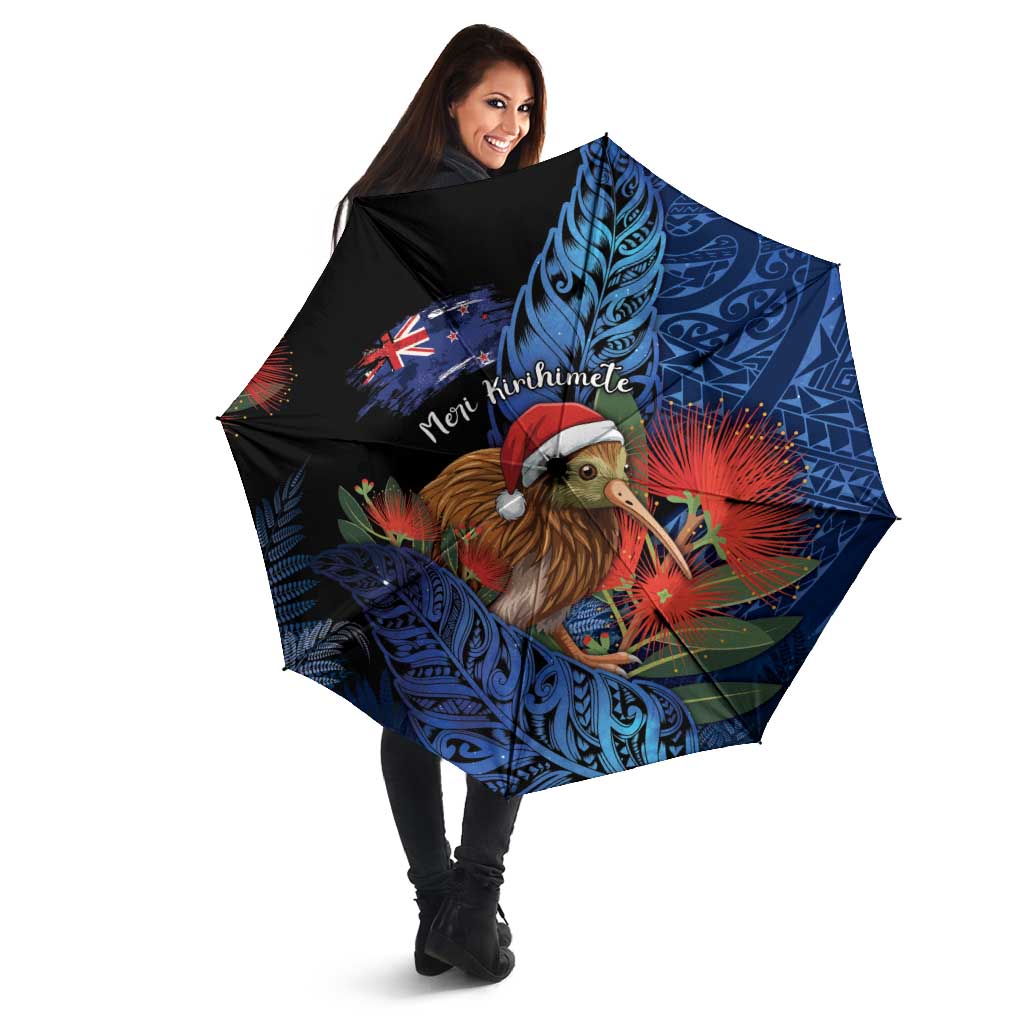 New Zealand Christmas Umbrella Santa Kiwi Bird With Pohutukawa Flowers - Polynesian Pride